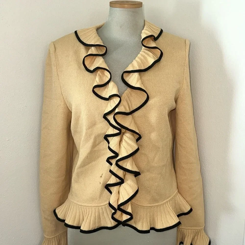 St John yellow black ruffle knit cardigan sweater 6